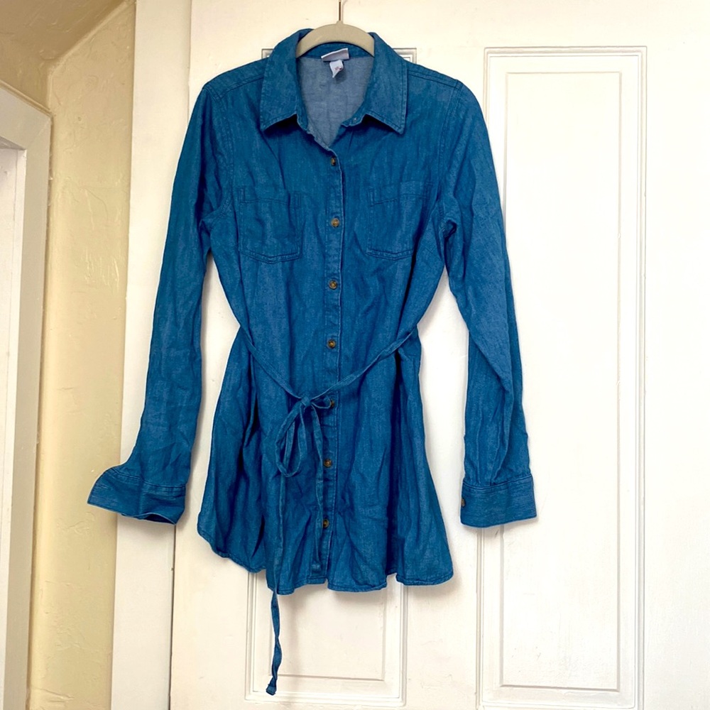 Isabel Maternity Blue Button-Up with Belt